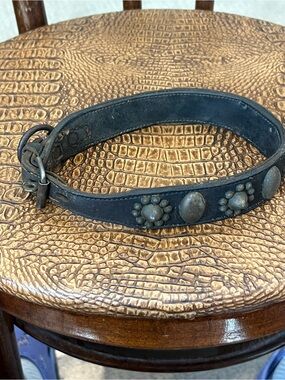 Vintage 18-19th Century Leather Dog collar with Brass Studs and Pawprint Conchos